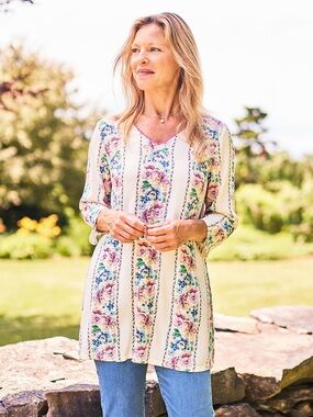 April Cornell Lillian Tunic w/ Vertical Floral Stripes and Crochet Trim Size XL